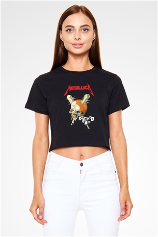 Metallica Baskılı Siyah Crop Top Kadın Tişört - Tshirt