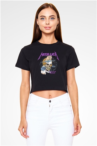 Metallica Baskılı Siyah Crop Top Kadın Tişört - Tshirt