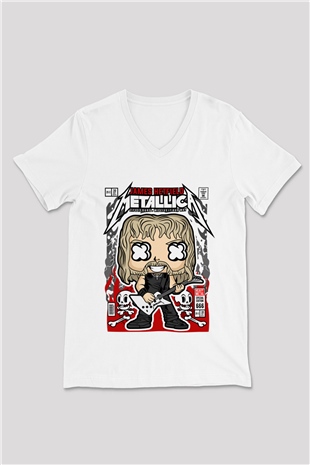 Metallica  Baskılı Unisex Beyaz V Yaka Tişört