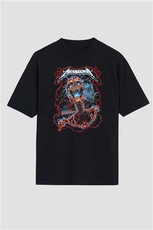 Metallica Baskılı Unisex Siyah Oversize Tişört - Tshirt