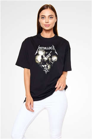 Metallica Baskılı Unisex Siyah Oversize Tişört - Tshirt