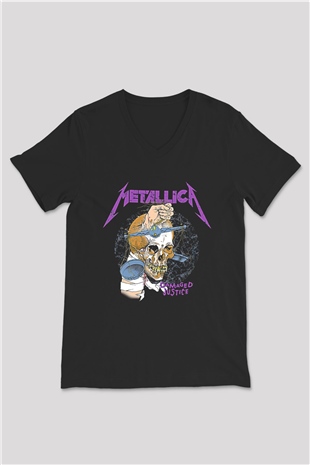 Metallica Baskılı Unisex Siyah V Yaka Tişört - Tshirt