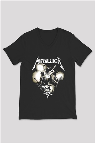 Metallica Baskılı Unisex Siyah V Yaka Tişört - Tshirt