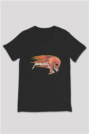 Metallica Baskılı Unisex Siyah V Yaka Tişört - Tshirt