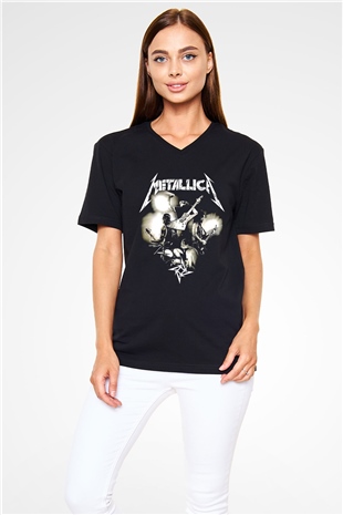 Metallica Baskılı Unisex Siyah V Yaka Tişört - Tshirt