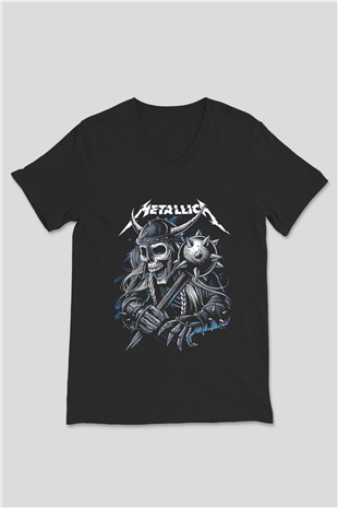 Metallica Baskılı Unisex Siyah V Yaka Tişört - Tshirt