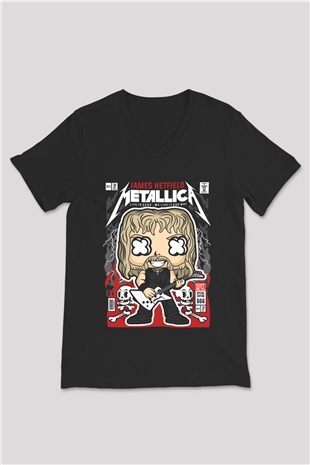 Metallica Baskılı Unisex Siyah V Yaka Tişört