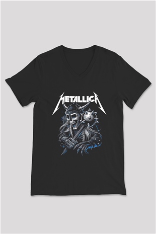 Metallica Baskılı Unisex Siyah V Yaka Tişört - Tshirt