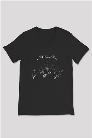 Metallica Baskılı Unisex Siyah V Yaka Tişört - Tshirt