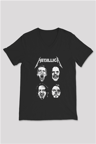 Metallica Baskılı Unisex Siyah V Yaka Tişört - Tshirt