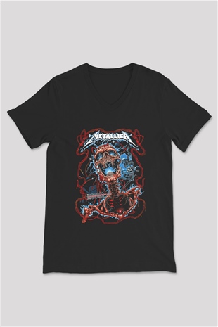 Metallica Baskılı Unisex Siyah V Yaka Tişört - Tshirt