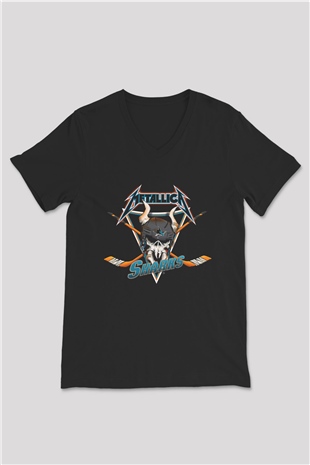 Metallica Baskılı Unisex Siyah V Yaka Tişört - Tshirt