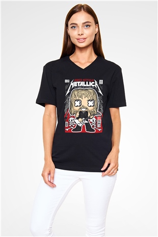 Metallica Baskılı Unisex Siyah V Yaka Tişört