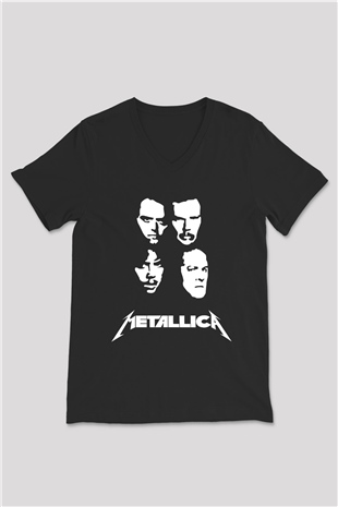 Metallica Baskılı Unisex Siyah V Yaka Tişört - Tshirt