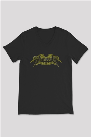 Metallica Baskılı Unisex Siyah V Yaka Tişört - Tshirt
