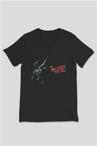 Metallica Baskılı Unisex Siyah V Yaka Tişört - Tshirt