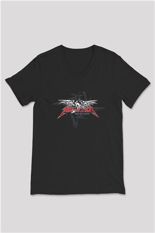 Metallica Baskılı Unisex Siyah V Yaka Tişört - Tshirt
