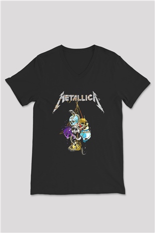 Metallica Baskılı Unisex Siyah V Yaka Tişört - Tshirt