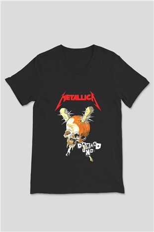 Metallica Baskılı Unisex Siyah V Yaka Tişört - Tshirt