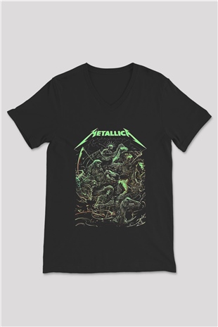 Metallica Baskılı Unisex Siyah V Yaka Tişört - Tshirt