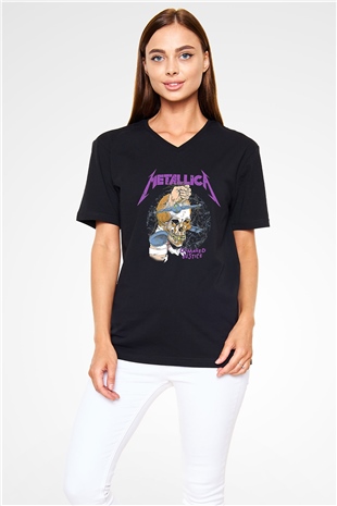 Metallica Baskılı Unisex Siyah V Yaka Tişört - Tshirt