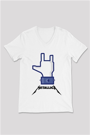 Metallica Beyaz Unisex V Yaka Tişört T-Shirt