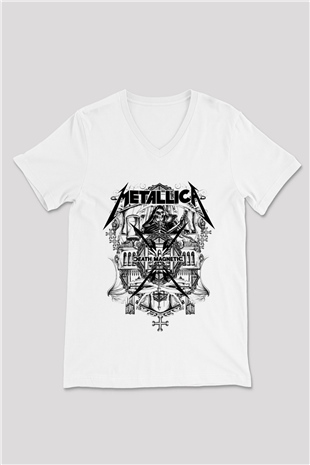 Metallica Beyaz Unisex V Yaka Tişört T-Shirt