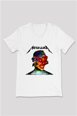 Metallica Beyaz Unisex V Yaka Tişört T-Shirt