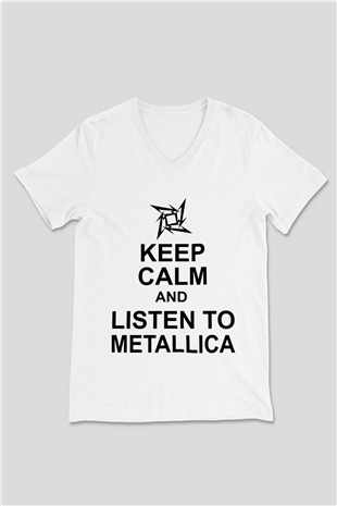 Metallica Beyaz Unisex V Yaka Tişört T-Shirt