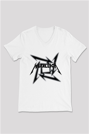 Metallica Beyaz Unisex V Yaka Tişört T-Shirt