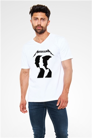 Metallica Beyaz Unisex V Yaka Tişört T-Shirt