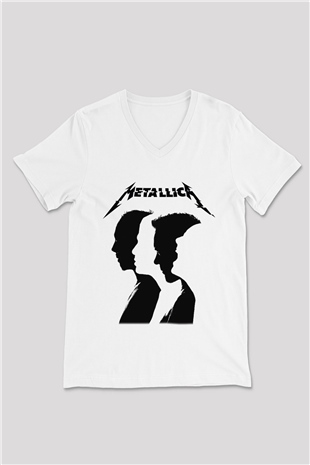 Metallica Beyaz Unisex V Yaka Tişört T-Shirt