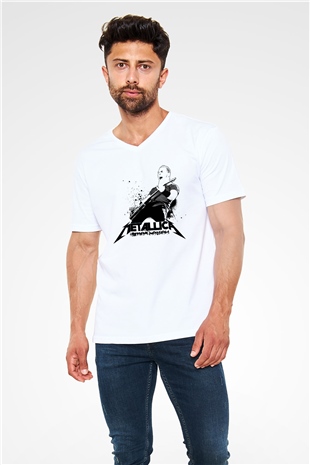 Metallica James Hetfield Beyaz Unisex V Yaka Tişört T-Shirt
