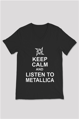 Metallica Keep Calm And Listen To Metallica Siyah Unisex V Yaka Tişört T-Shirt