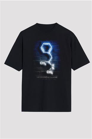 Metamfetamin Molekül Neon Baskılı Unisex Oversize Tişört - Tshirt