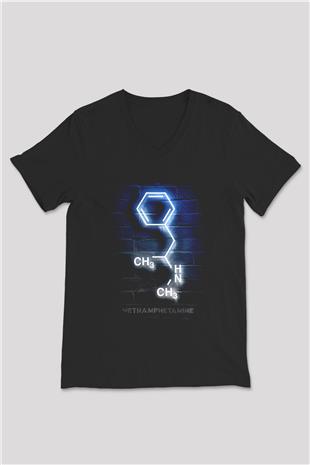 Metamfetamin Molekül Neon Baskılı Unisex V Yaka Siyah Tİşört - Tshirt