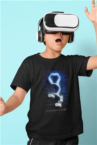 Metamfetamin Molekül Neon Baskılı Unisex Siyah Çocuk Tişörtü - Tshirt