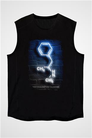 Metamfetamin Molekül Neon Baskılı Unisex Kolsuz Siyah Tişört - Tshirt
