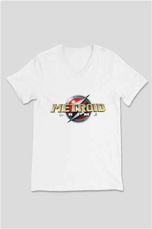 Metroid Prime Beyaz Unisex V Yaka Tişört