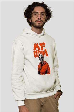 Mf Doom Baskılı Beyaz Unisex Kapüşonlu Sweatshirt