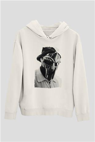 Mf Doom Baskılı Beyaz Unisex Kapüşonlu Sweatshirt