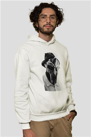 Mf Doom Baskılı Beyaz Unisex Kapüşonlu Sweatshirt