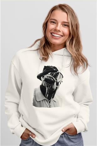Mf Doom Baskılı Beyaz Unisex Kapüşonlu Sweatshirt