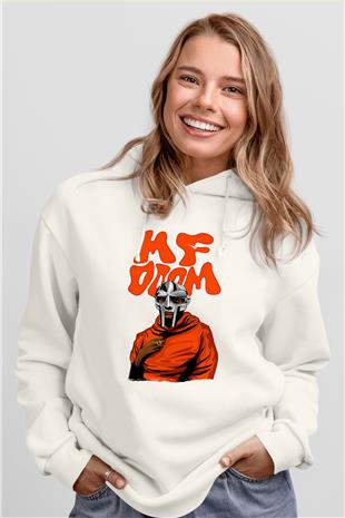 Mf Doom Baskılı Beyaz Unisex Kapüşonlu Sweatshirt
