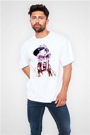 Mf Doom Baskılı Beyaz Unisex Oversize Tişört - Tshirt