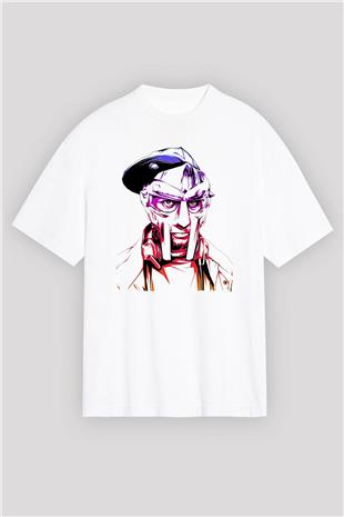 Mf Doom Baskılı Beyaz Unisex Oversize Tişört - Tshirt