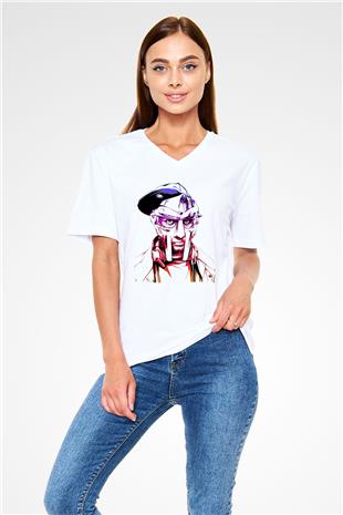 Mf Doom Baskılı Beyaz Unisex V Yaka Tişört - Tshirt
