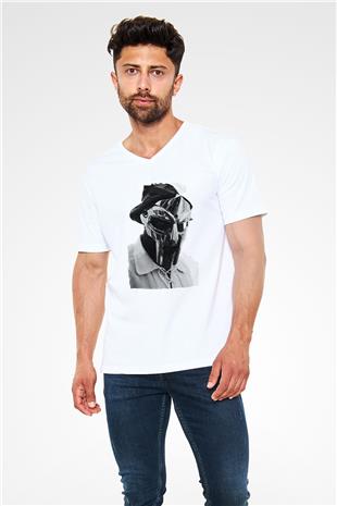 Mf Doom Baskılı Beyaz Unisex V Yaka Tişört - Tshirt