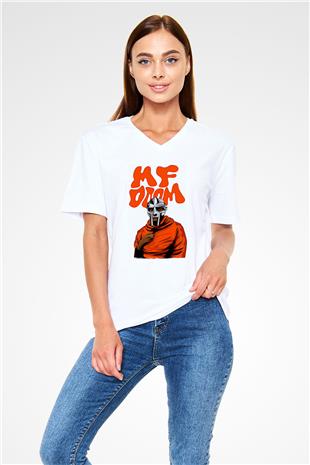 Mf Doom Baskılı Beyaz Unisex V Yaka Tişört - Tshirt