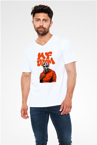Mf Doom Baskılı Beyaz Unisex V Yaka Tişört - Tshirt